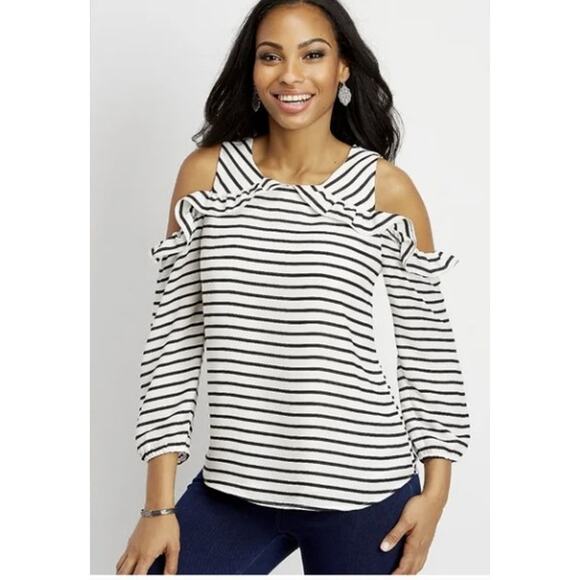 Maurices Womens XL Cold Shoulder White Black Stripe Ruffle Top Polyester Lined - Picture 1 of 9
